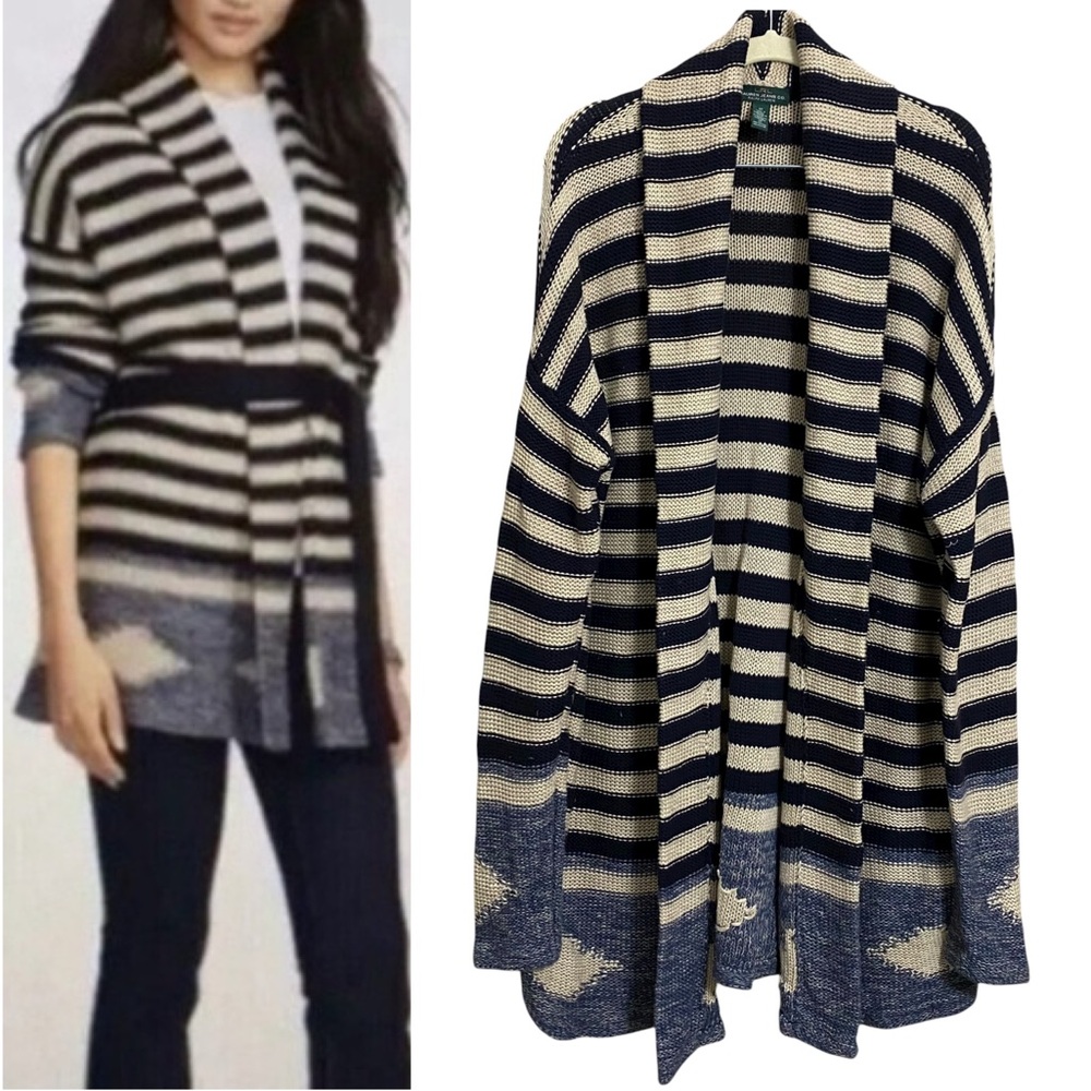 Ralph Lauren Linen Blend Navy Cream Stripe Southwestern Cardigan Sweater Medium